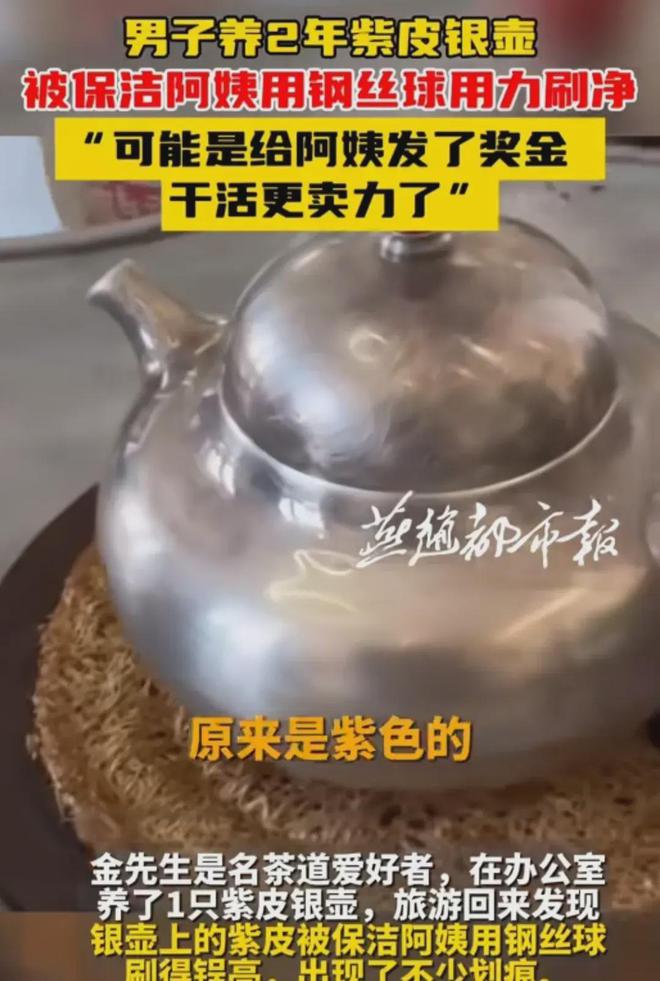 热！男人养2年紫皮银壶被保洁大姨用钢丝球刷净乐翻正在评论威廉希尔williamhill区了(图3)