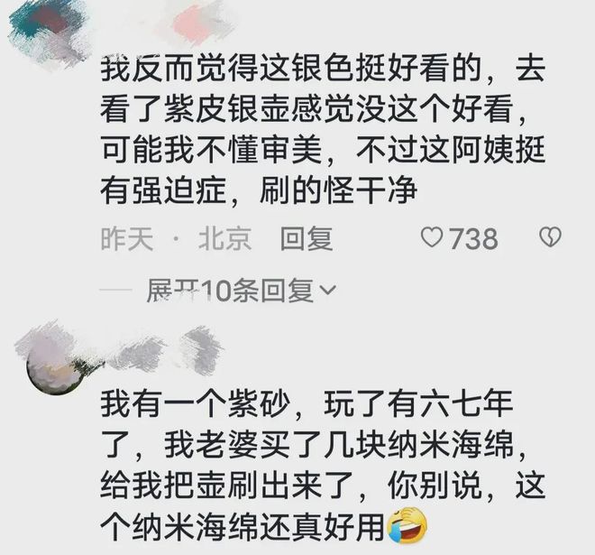 热！男人养2年紫皮银壶被保洁大姨用钢丝球刷净乐翻正在评论威廉希尔williamhill区了(图6)